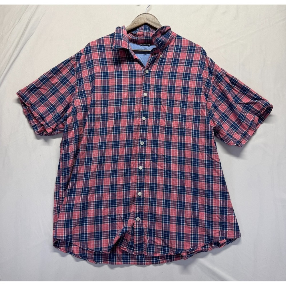 IZOD Saltwater Casual Shirt Mens 2XL Pink Blue Plaid Relaxed Classic Button Down